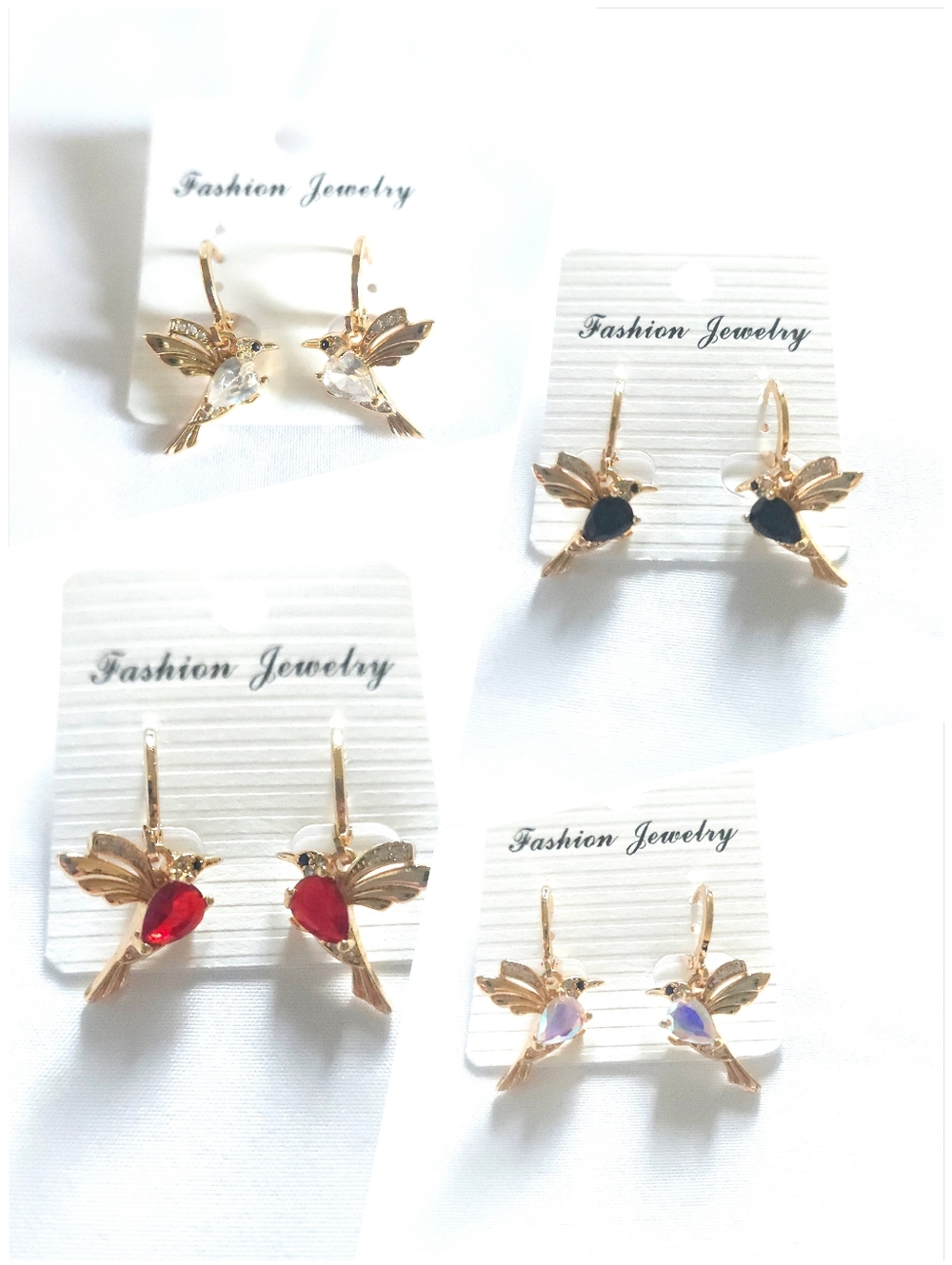 Fashion Jewelry Gold Plated Hummingbird Earrings with Multi Rhinestones Teardrop